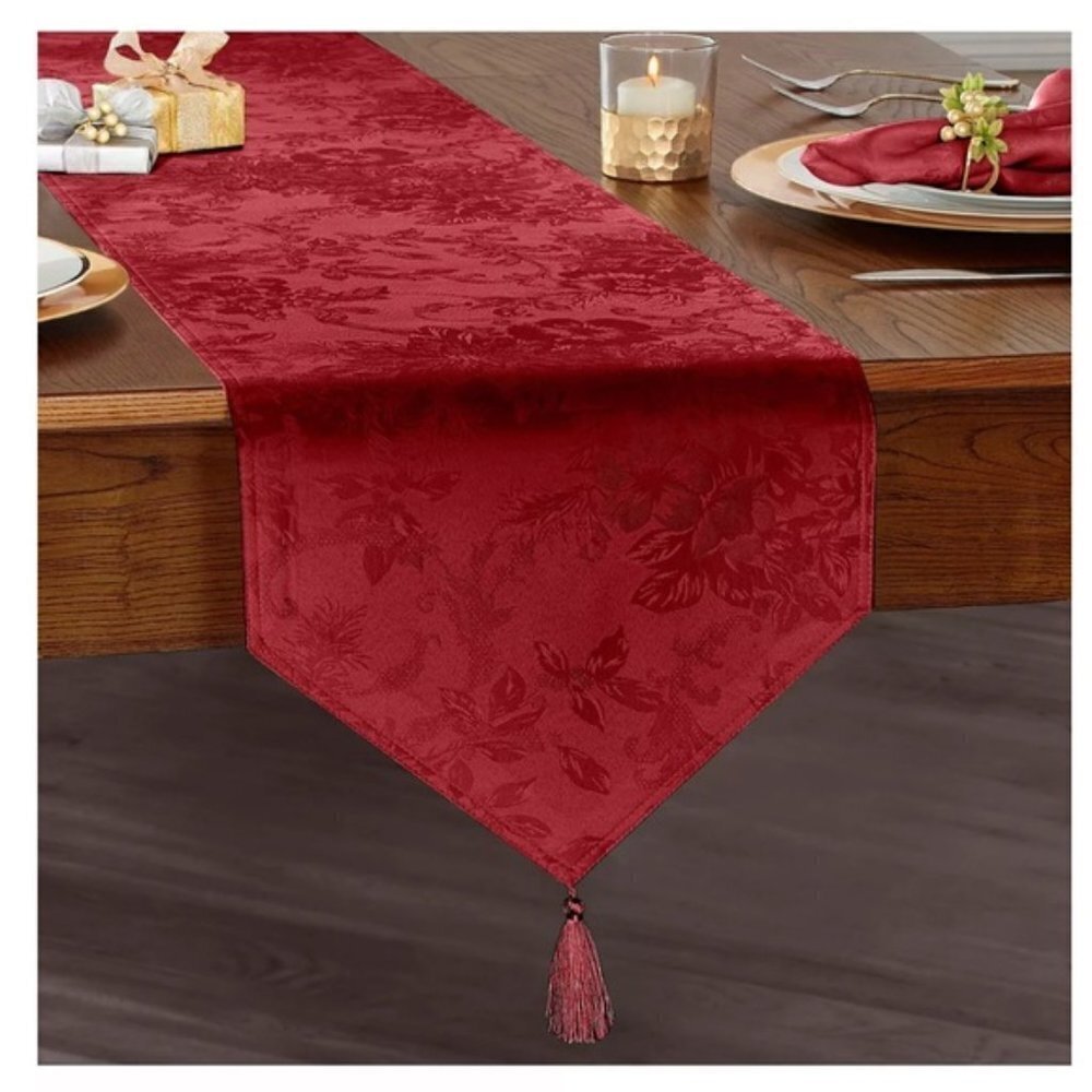 Christmas Silky Damask Table Runner Holly Homes Holiday Red Tassels 13” x 72 in